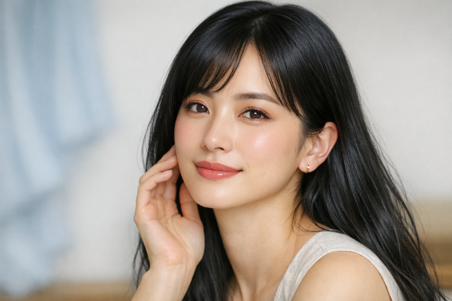 自然なツヤのある暗髪と、パーソナルカラーを意識したメイクを施した女性のポートレート