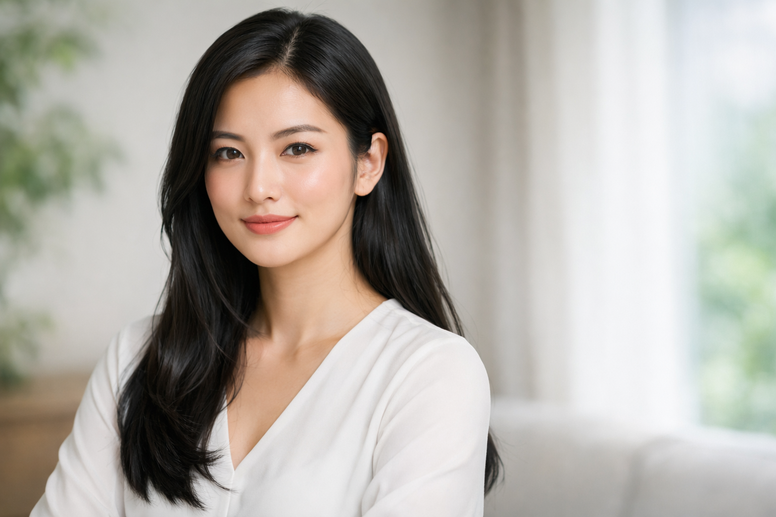 自信に満ちた表情の黒髪の女性のイメージ