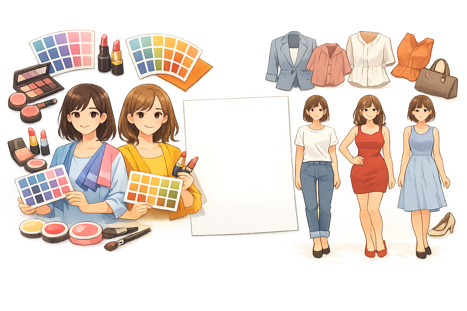 骨格診断やパーソナルカラー診断で使用するカラー見本や骨格タイプのイラストイメージ