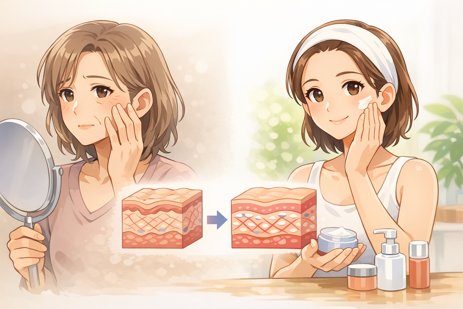 シンプルなパッケージの化粧品と、成分表示を確認しながら選ぶ様子