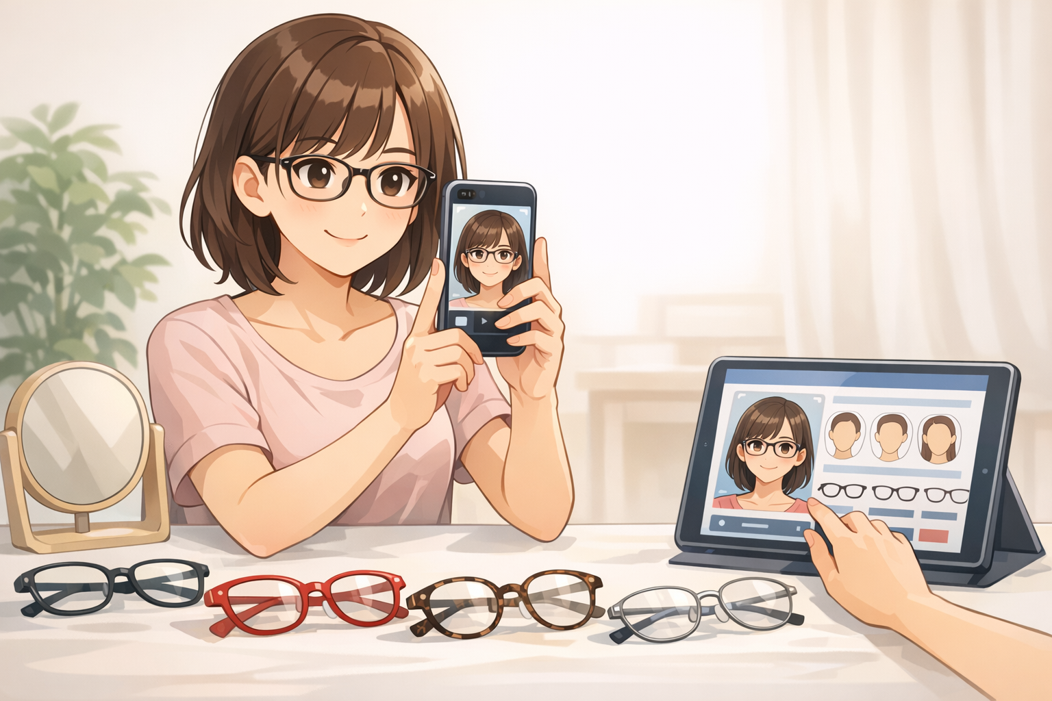 複数の異なる形状・色のメガネフレームが並べられ、スマートフォンで顔写真を撮影しながら診断ツールを使っている様子