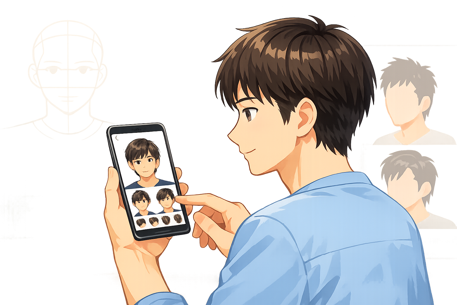 スマートフォンで自分に合う髪型診断アプリを操作している様子