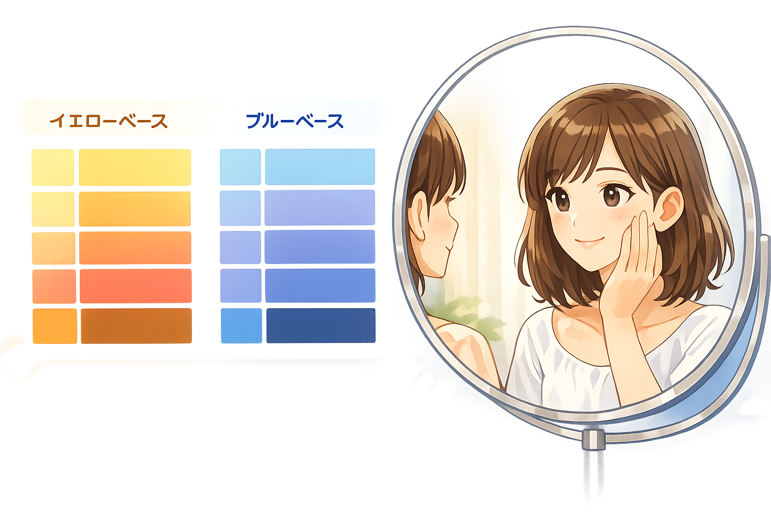 温かみのあるイエローベースと涼しげなブルーベースの色の違いを示すカラーパレットと、鏡の前で自分の肌色を確認している女性のイメージ