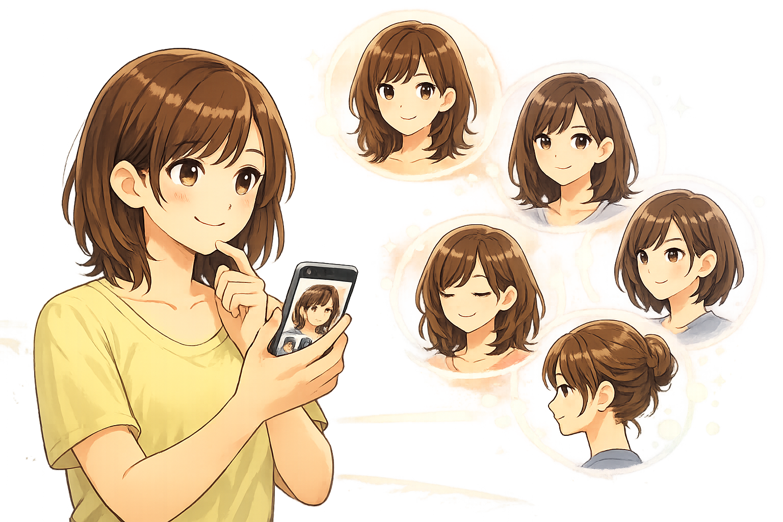 スマートフォンで自分に似合う髪型を診断している様子と、さまざまなヘアスタイルのイラストが浮かんでいるイメージ画像