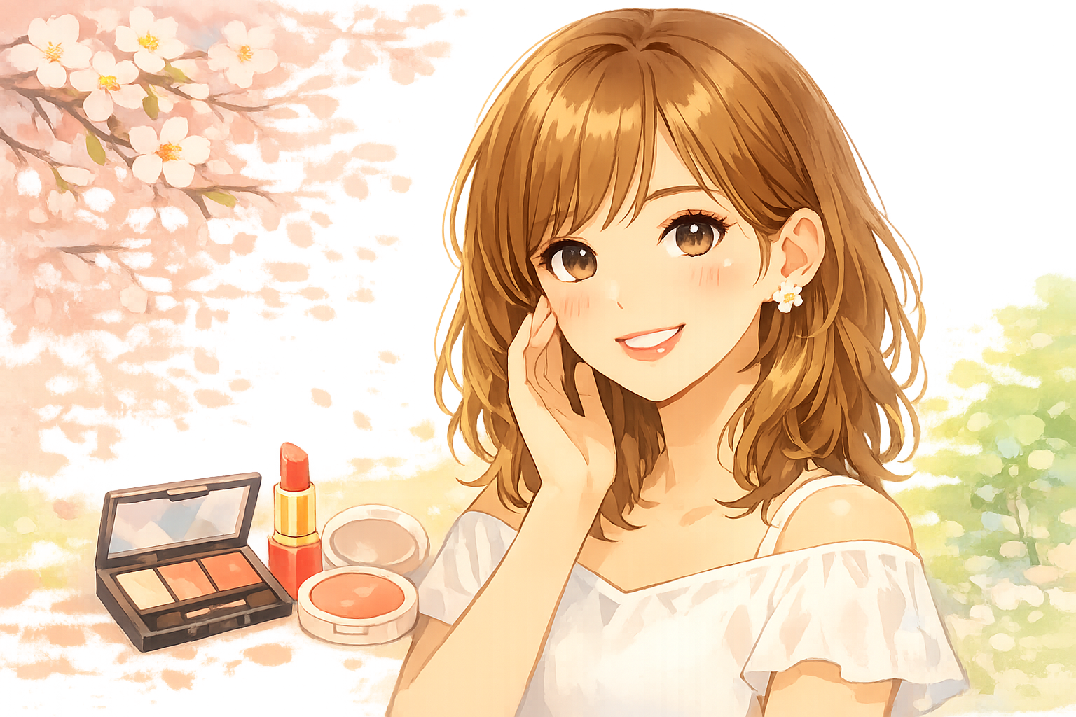 春らしい明るいメイクを施した女性のイメージ