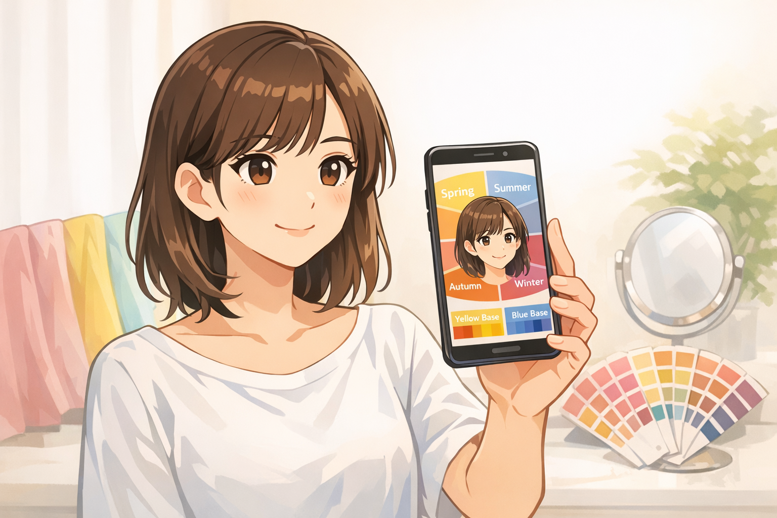 スマートフォンで自身の顔を撮影し、パーソナルカラー診断のカメラ機能を利用している女性のイメージ