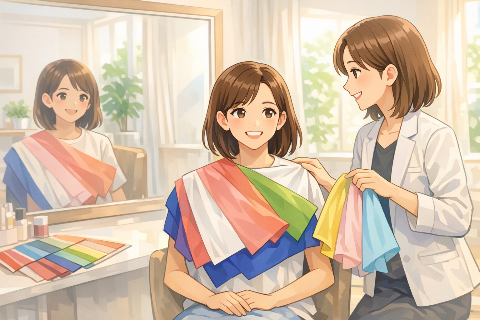 自然光が差し込む明るいサロン内で、鏡の前に座る女性の胸元に色とりどりのドレープ（布）を当ててパーソナルカラーを診断している様子