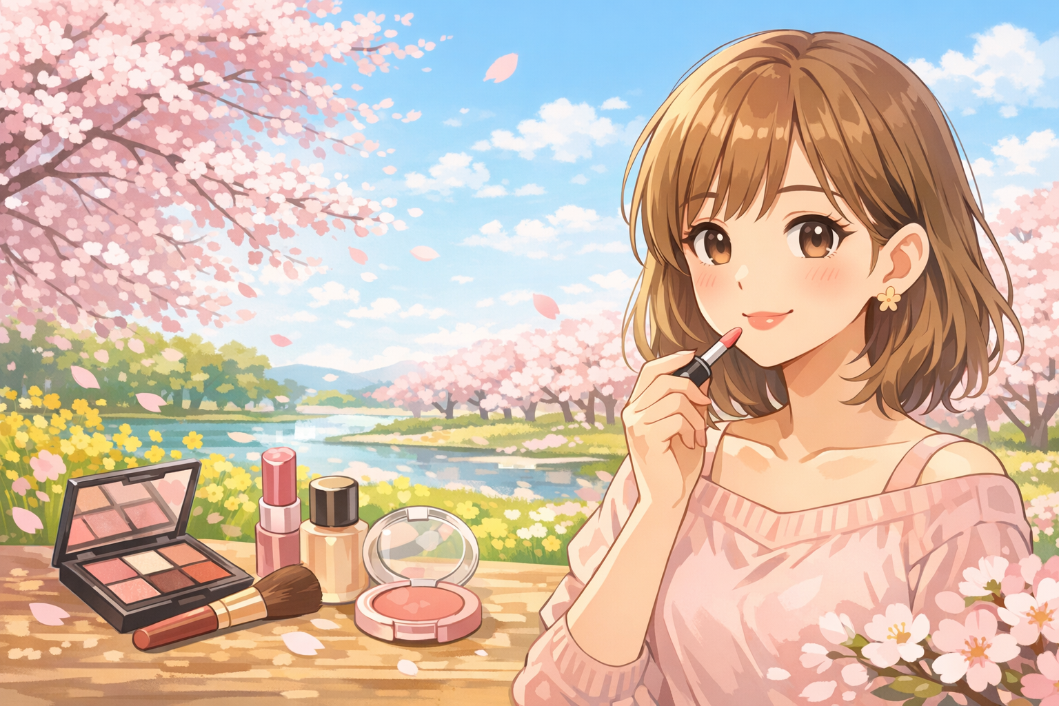 春らしい明るい色合いの風景とメイクアップのイメージ