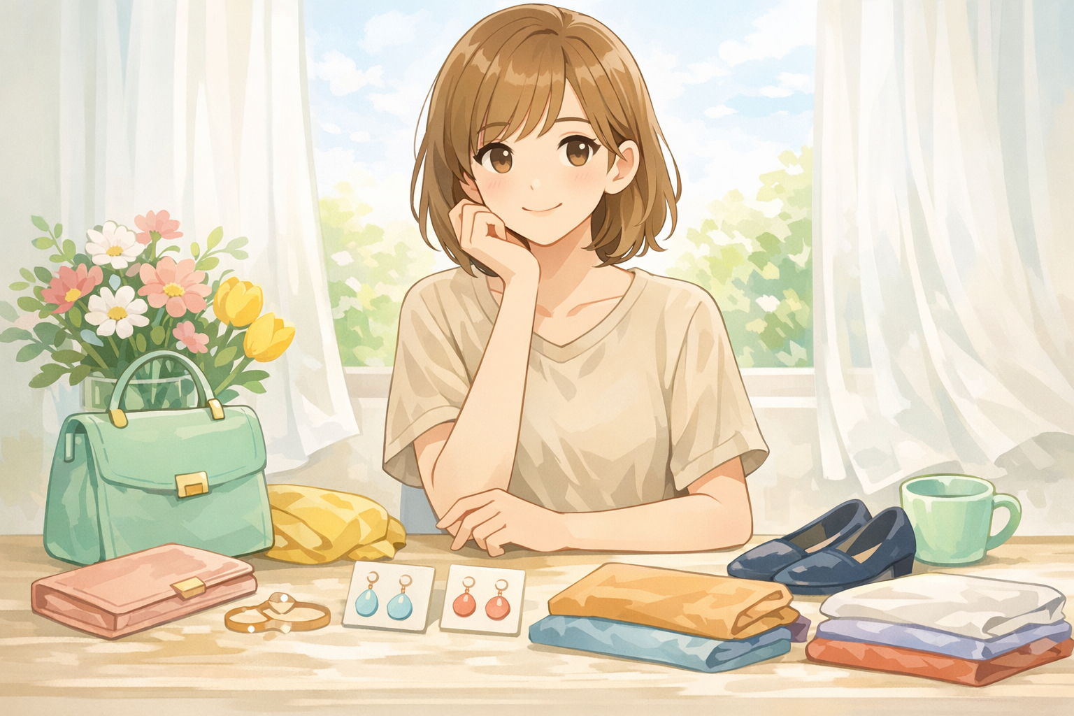 自然光の中でベージュの服と様々な色のアイテムが調和している、清潔感と透明感のあるイメージ