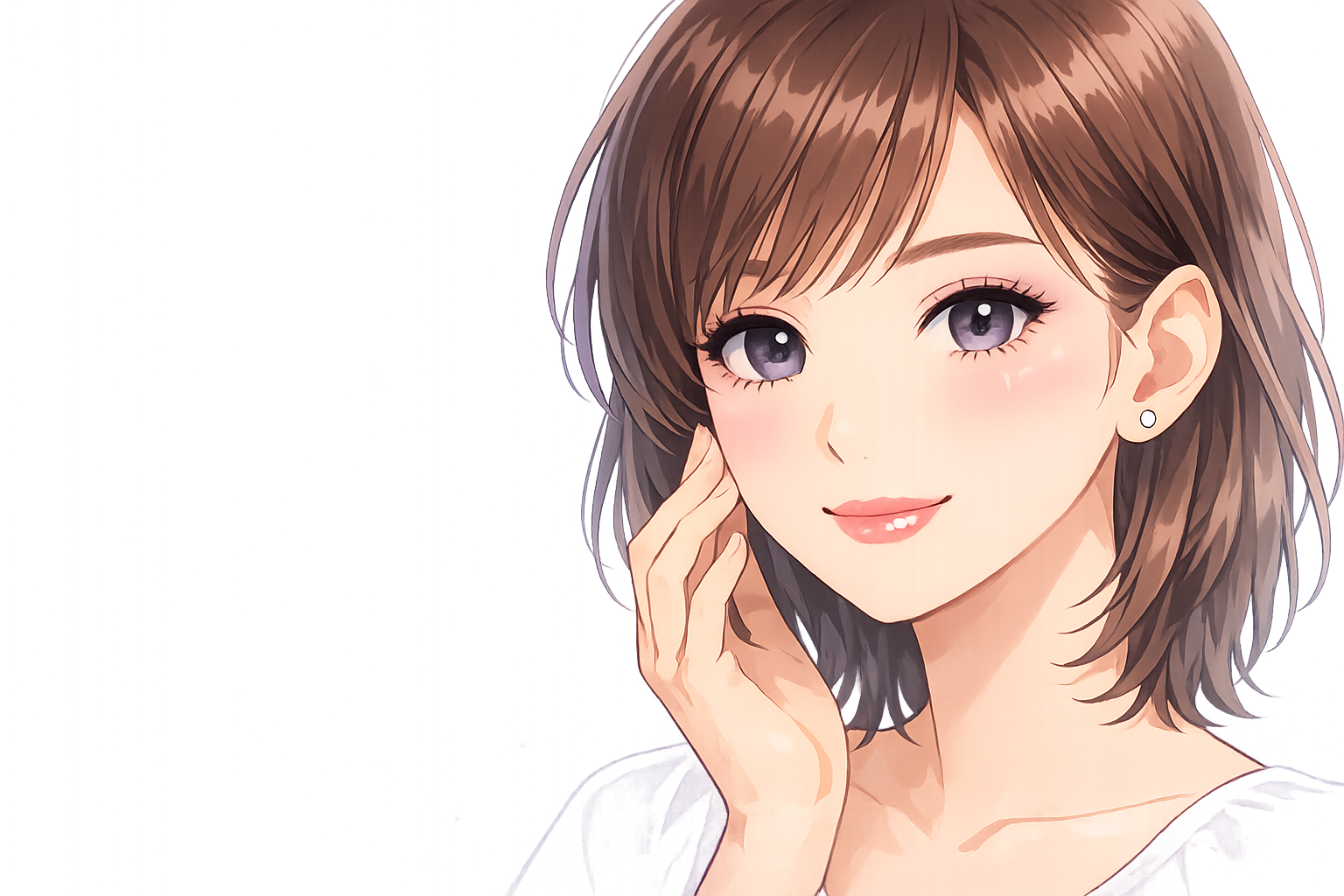 透明感のある青みピンク系のメイクを施した女性の顔のアップ