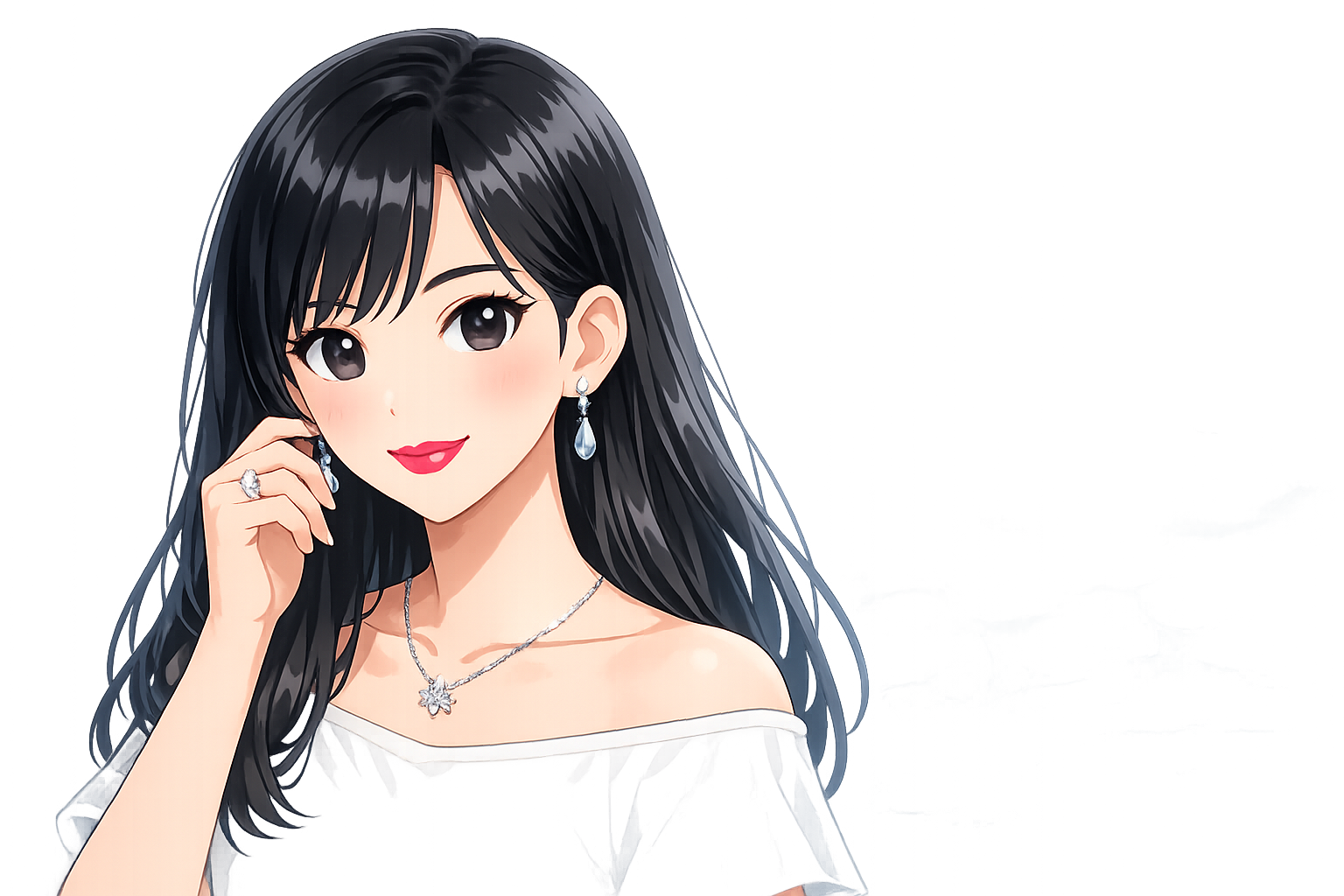 鮮やかなフューシャピンクのリップとシルバーのアクセサリーを身につけた、透明感のある黒髪の女性