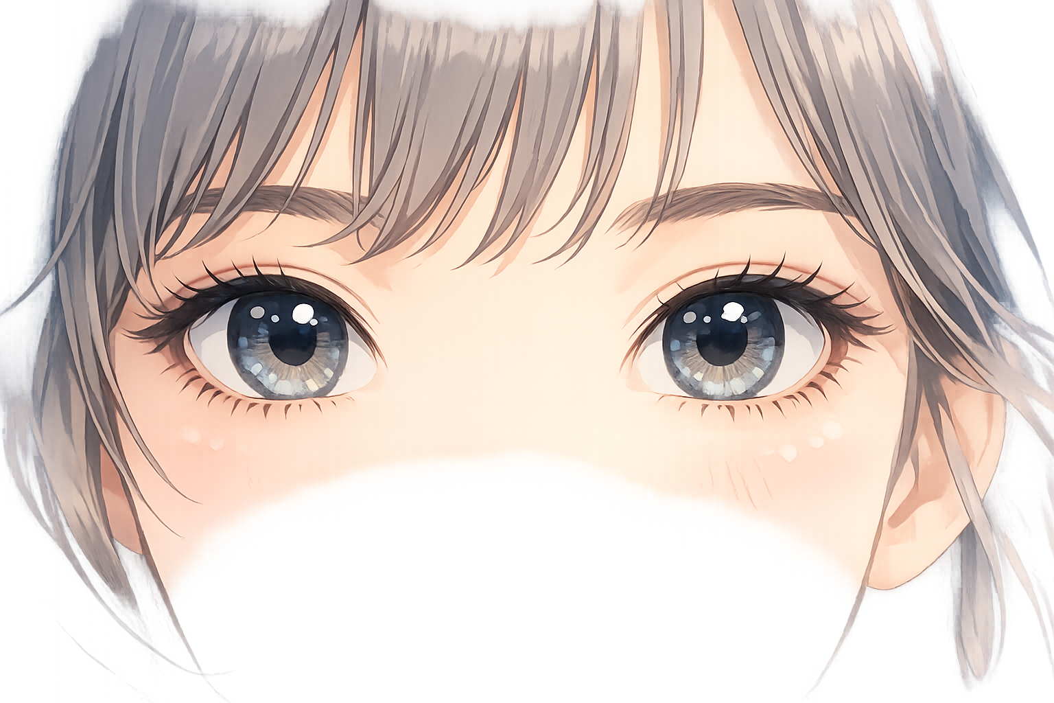 青みがかった透明感のある肌色に調和する、ナチュラルなカラコンを装用した目元のアップ画像