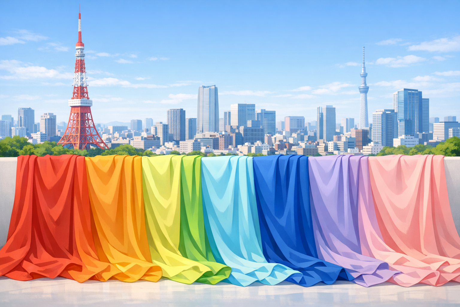 東京の洗練された街並みを背景に、色とりどりのドレープ（布）が並べられたイメージ