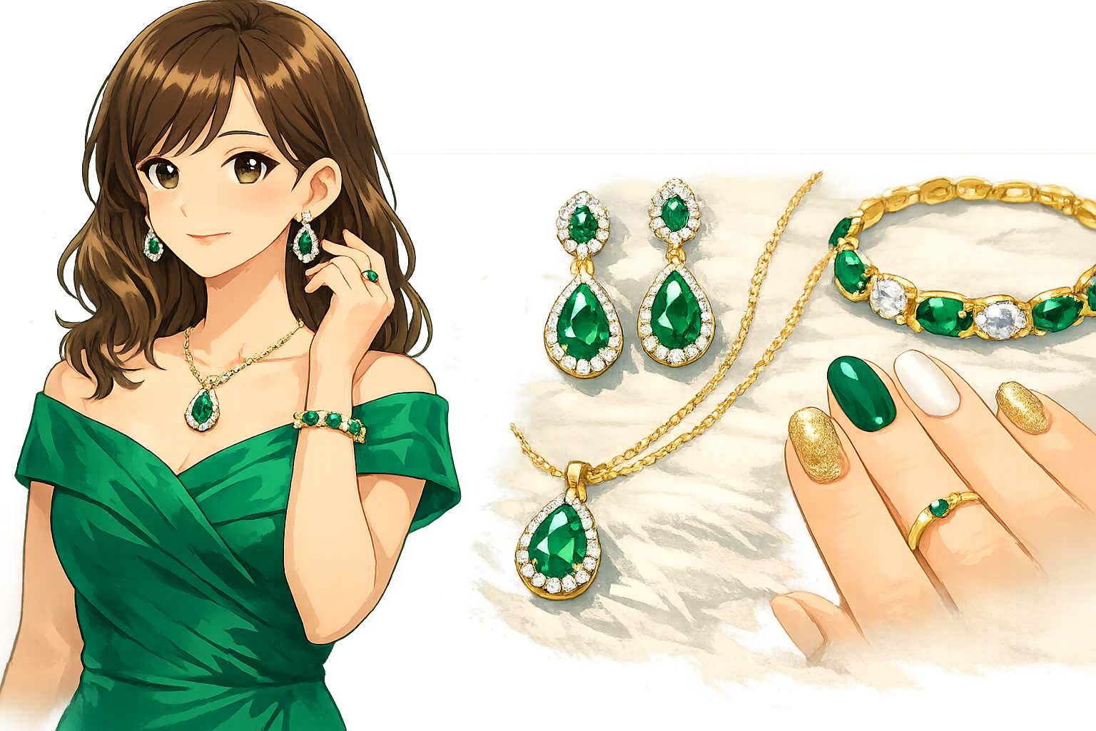 鮮やかなエメラルドグリーンのドレスと、それに調和するアクセサリーのスタイリングイメージ