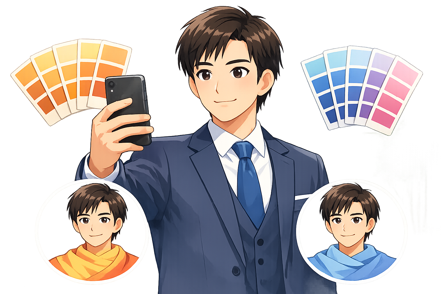 自分に似合う色の服を着て、自信に満ちた表情でカメラを見つめる男性のイメージ