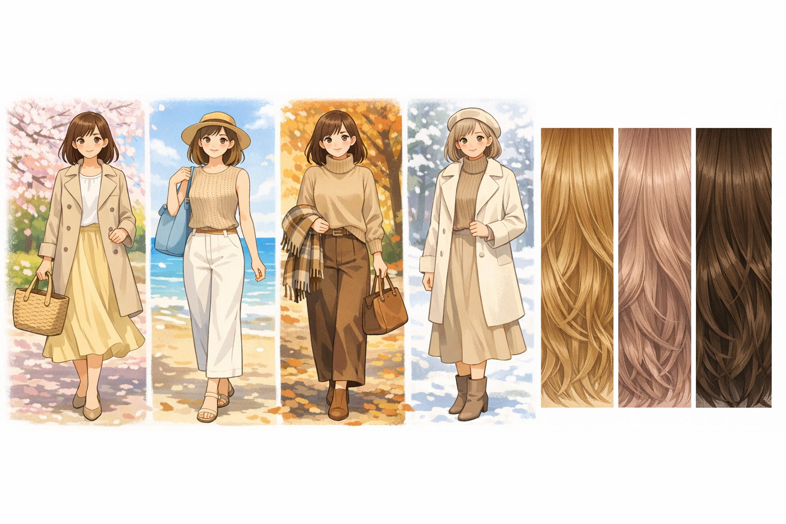 春夏秋冬の季節感を取り入れたベージュのコーディネート例と、ヘアカラーのサンプル画像