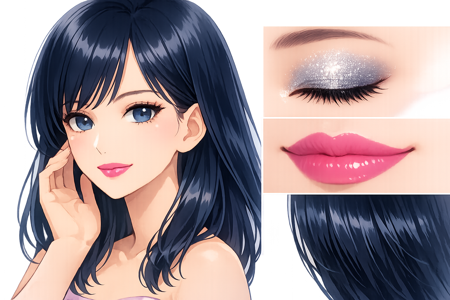 ブルベウィンターに似合う、青みピンクのリップ、シルバーラメのアイシャドウ、そしてブルーブラックのヘアカラーのサンプル画像