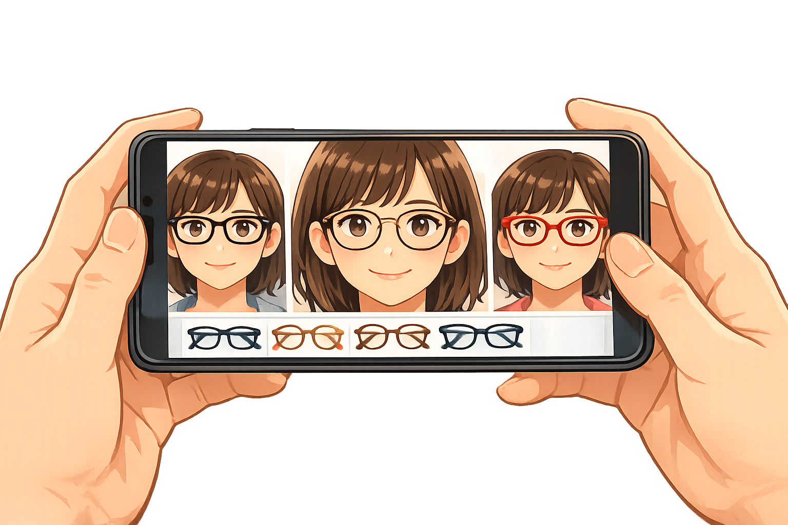 スマートフォンの画面に専用のメガネ診断アプリが表示されており、顔写真の上にリアルタイムで様々なデザインのメガネが合成されている様子