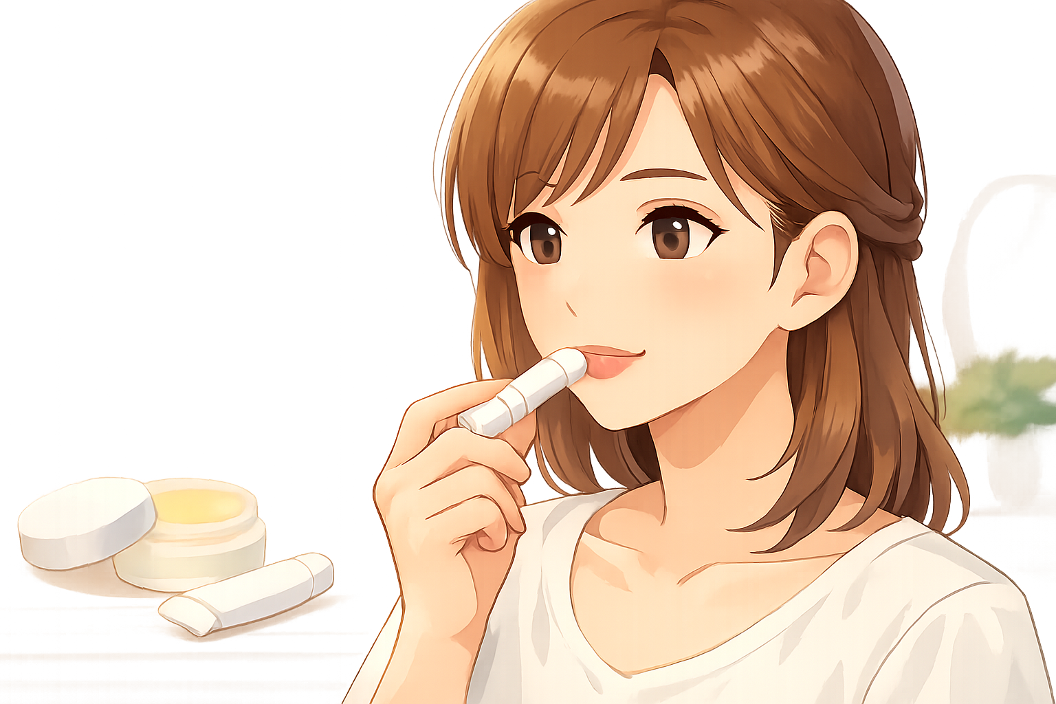リップクリームを塗布して唇の保湿ケアをしている様子