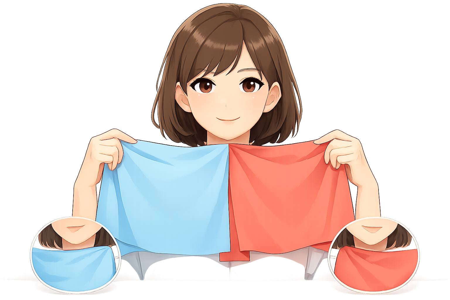 異なる色の布(ドレープ)を顔の下に当てて肌写りを比較している様子