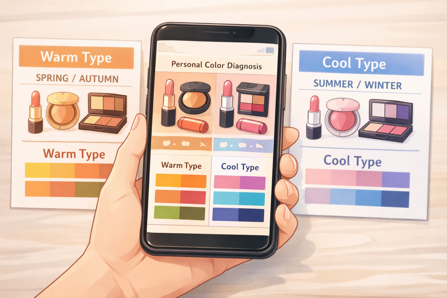 診断アプリの活用:スマートフォンの画面に並ぶコスメとパーソナルカラーの対応表