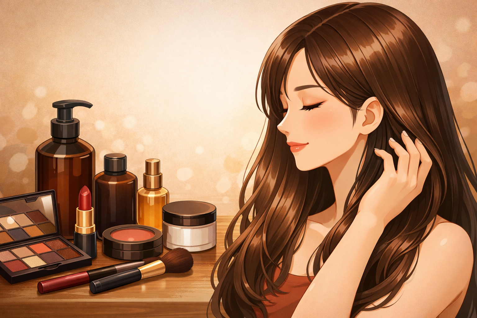 メイクとヘアケア of the 髪のプロセス:ディープトーンのコスメアイテムと、丁寧に手入れされた美しい髪