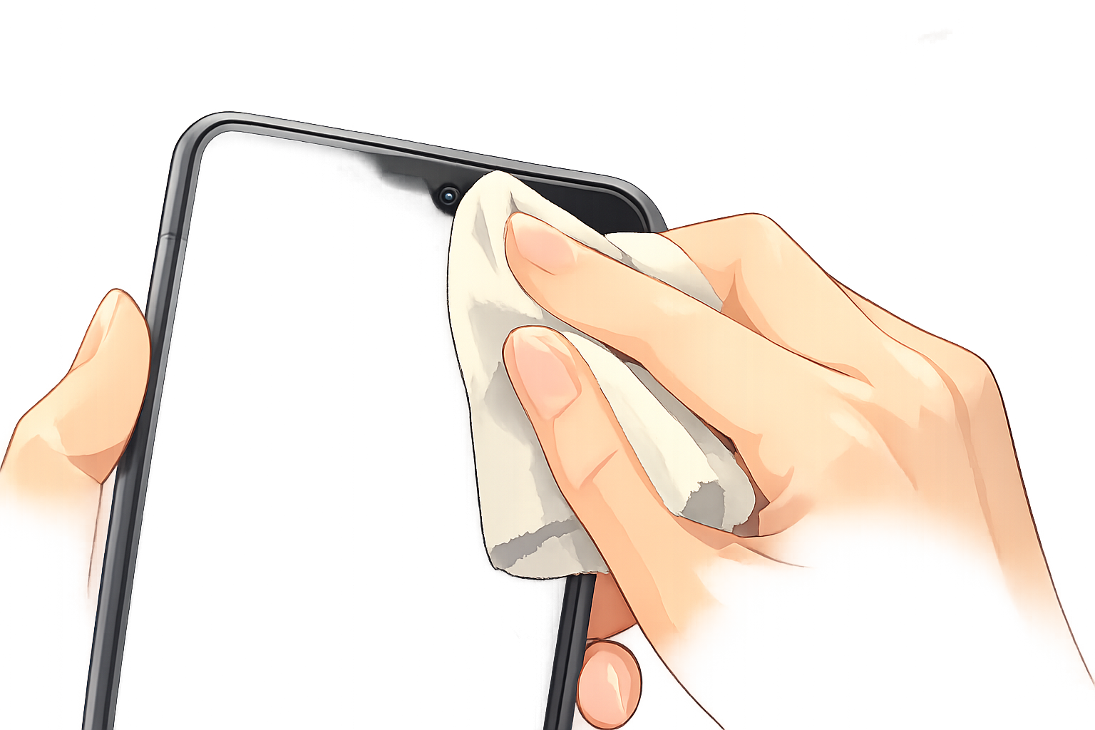 スマートフォンのインカメラを柔らかいクロスで丁寧に拭き取っている手元のアップ