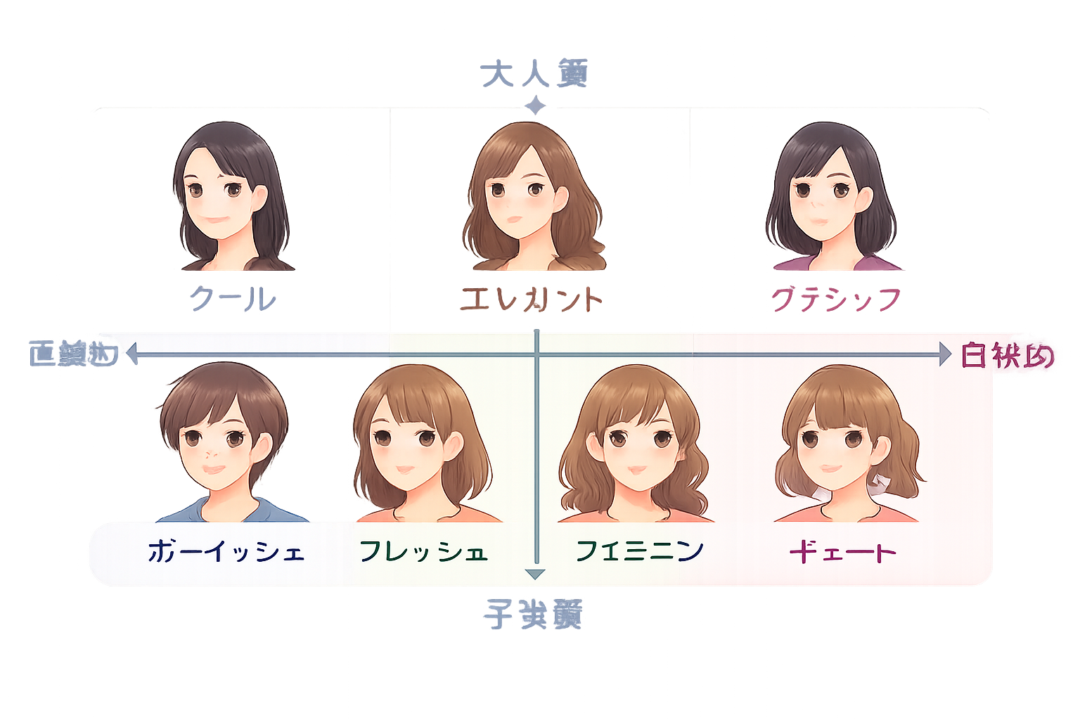 代表的な女性の顔タイプ（キュート、フレッシュ、エレガント、クールなど）をマトリクス図や表で分類して示している一覧表
