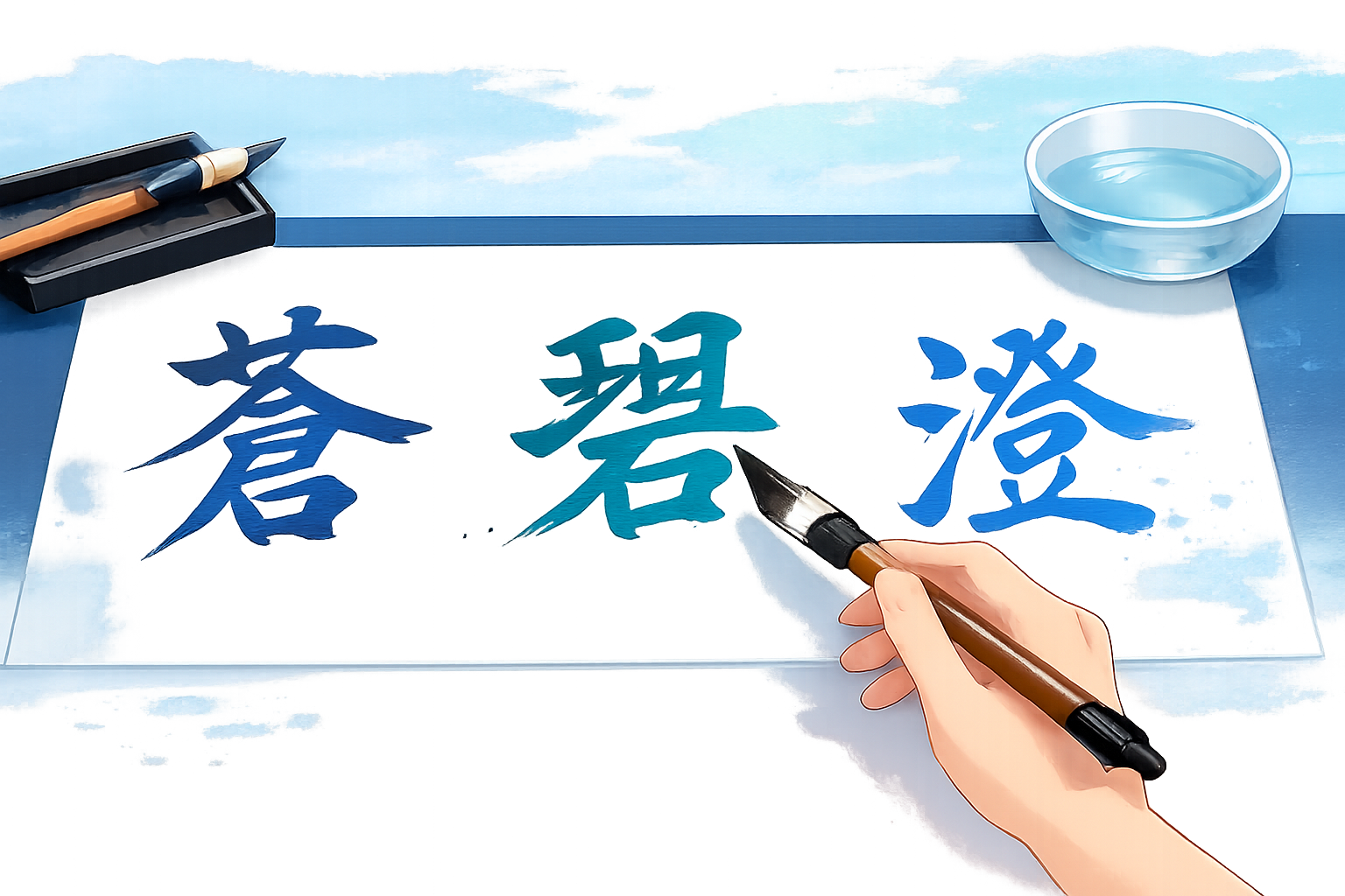 「蒼」「碧」「澄」などの青に関連する漢字が、美しい筆文字で書かれている様子
