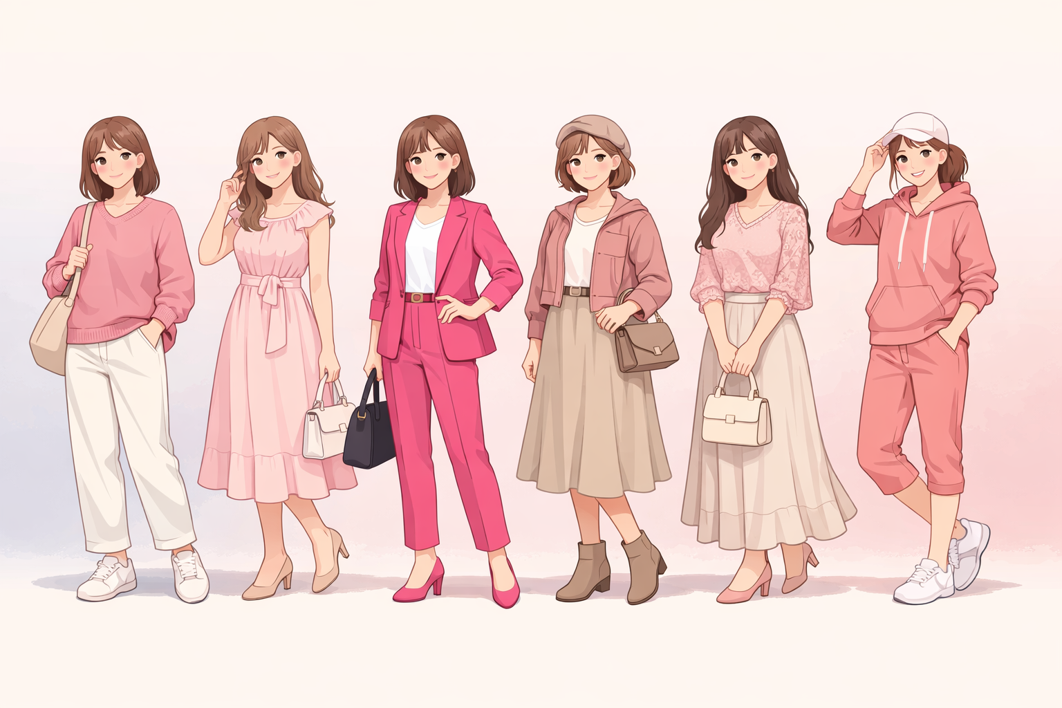 多様なピンクの服を着用したモデルのコーディネート一覧