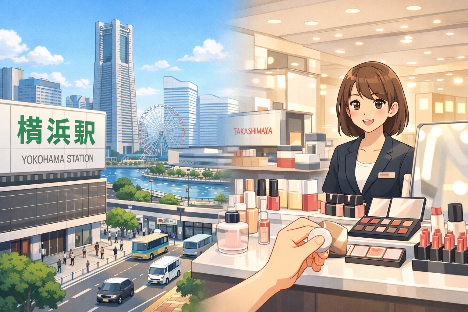 横浜駅周辺の街並みや、百貨店のコスメカウンターをイメージさせる写真