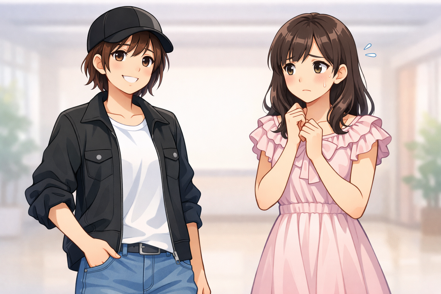 カジュアルな服装を着こなす女性と、フェミニンなワンピースを着て少し戸惑っている女性の対比イラスト