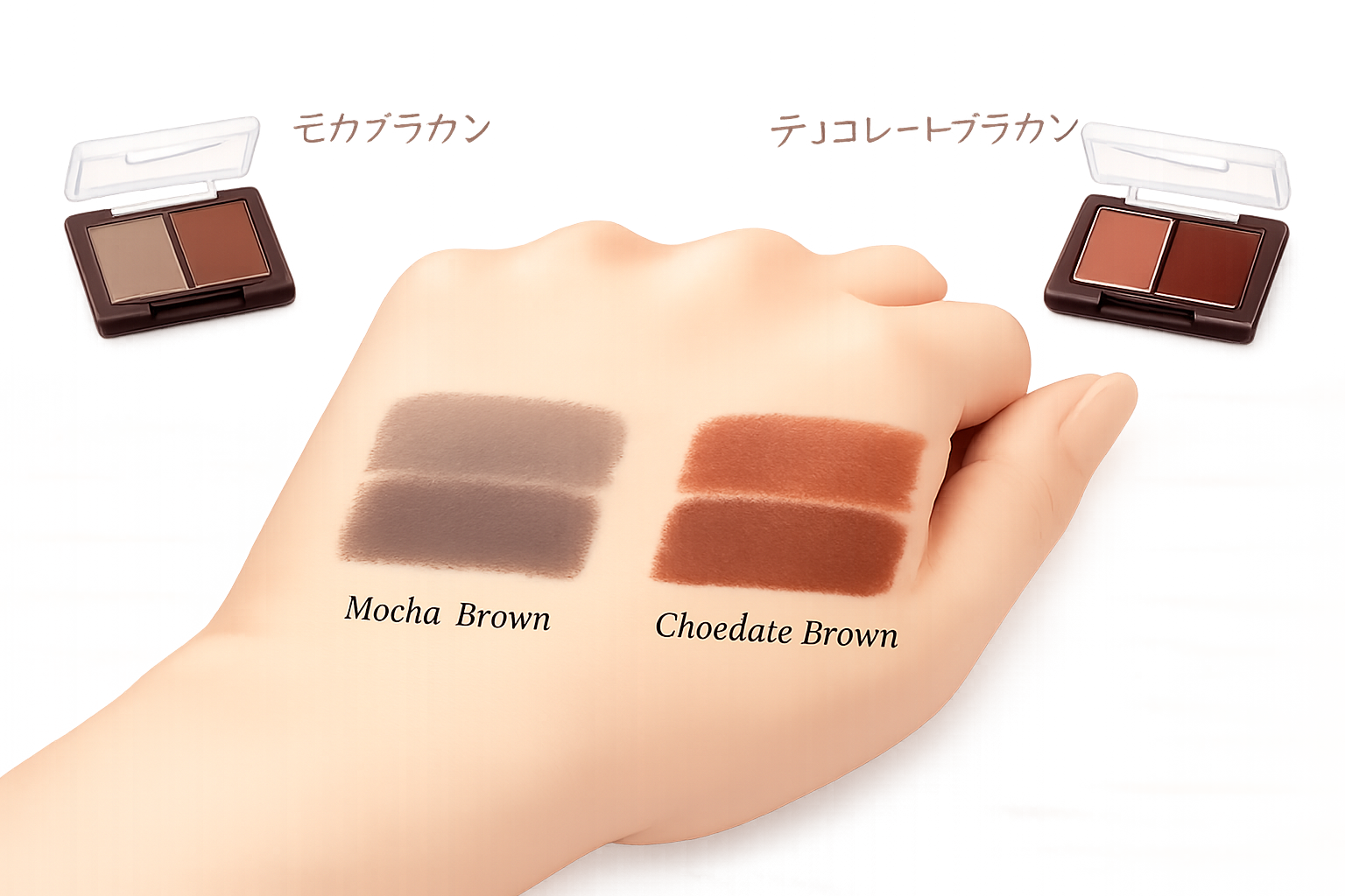 モカブラウンとチョコレートブラウンのアイシャドウの色味比較と、肌に乗せたときの発色イメージ