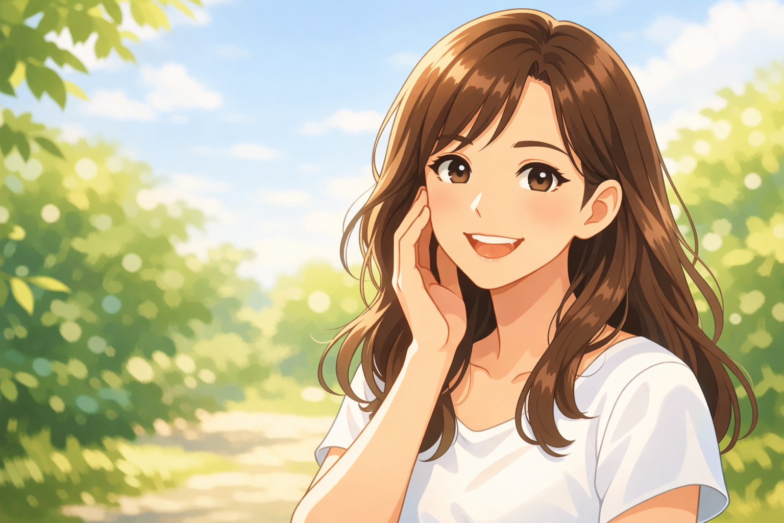 自然光の中で笑顔を見せる、健やかな肌と髪を持つ女性のイメージ