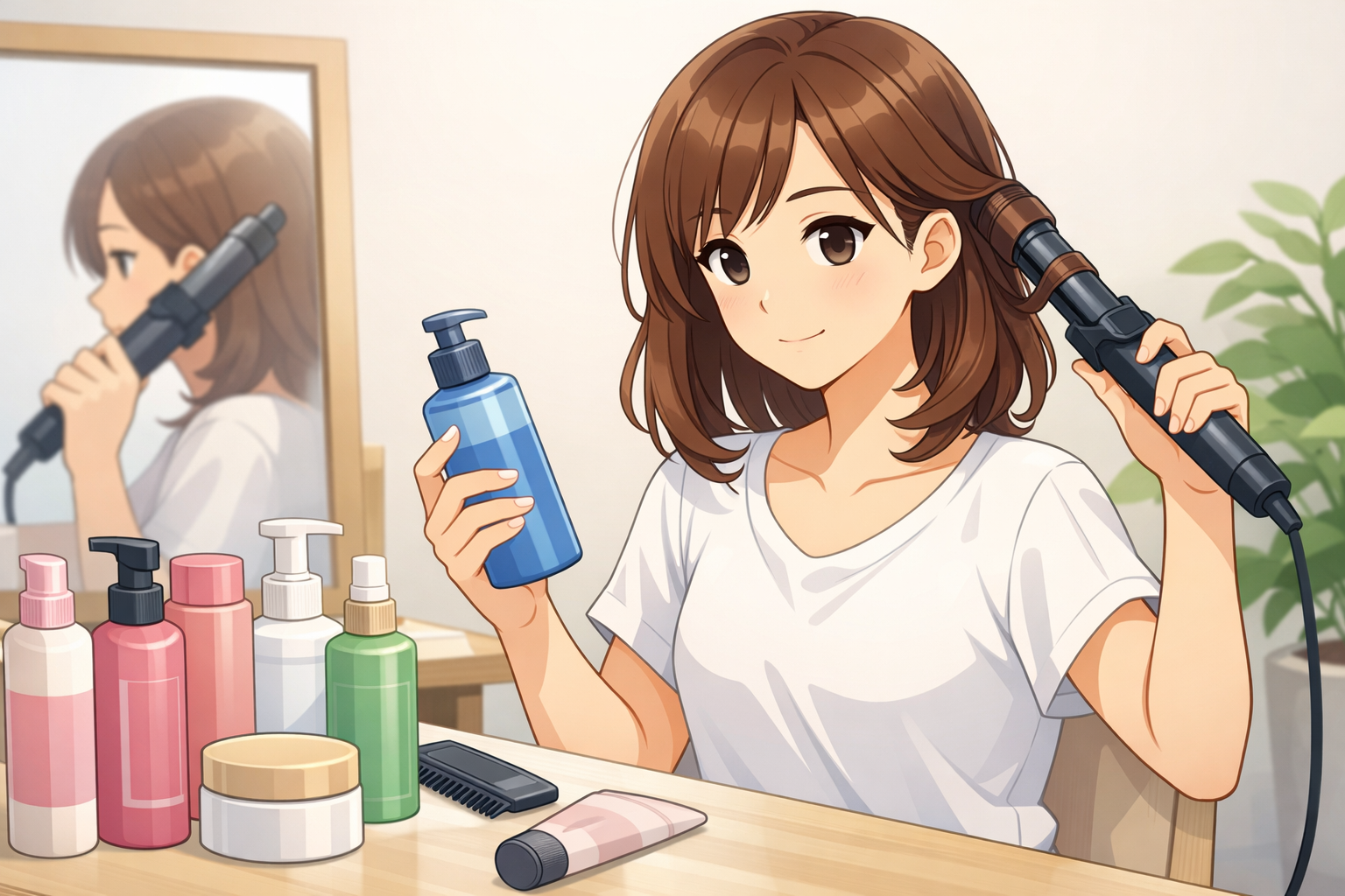 女性がヘアケアアイテムを選びながらスタイリングしている様子