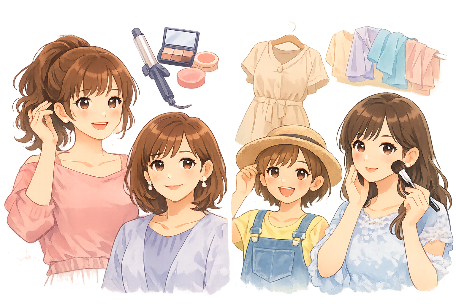 骨格別スタイリングやヘアスタイルのバリエーションを示すイメージ