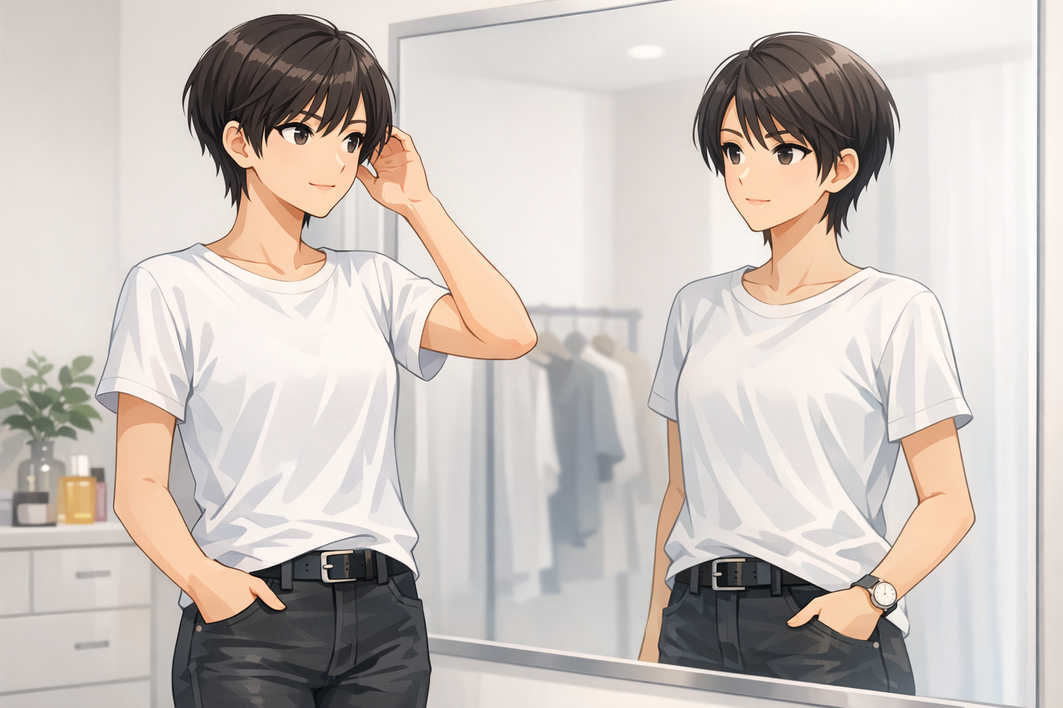ボーイッシュな服装から、少し綺麗めでスタイリッシュなコーディネートへと変化するステップの図解