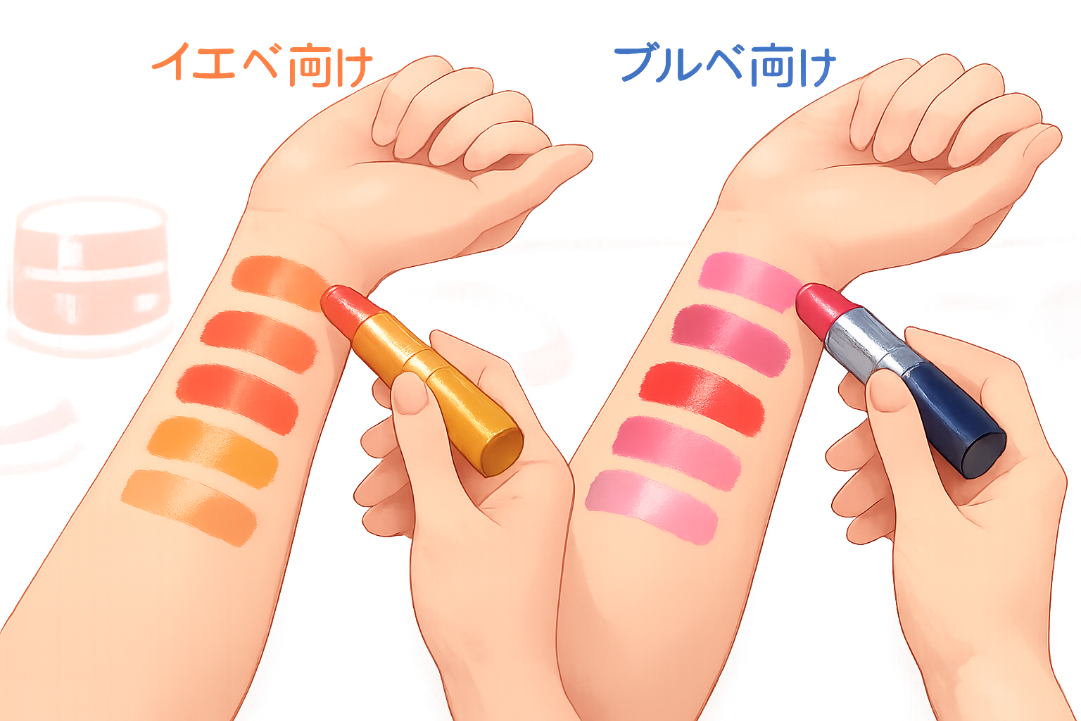 コスメ選びの工夫:イエベ向け・ブルベ向けのリップカラーを腕に塗って比較している様子