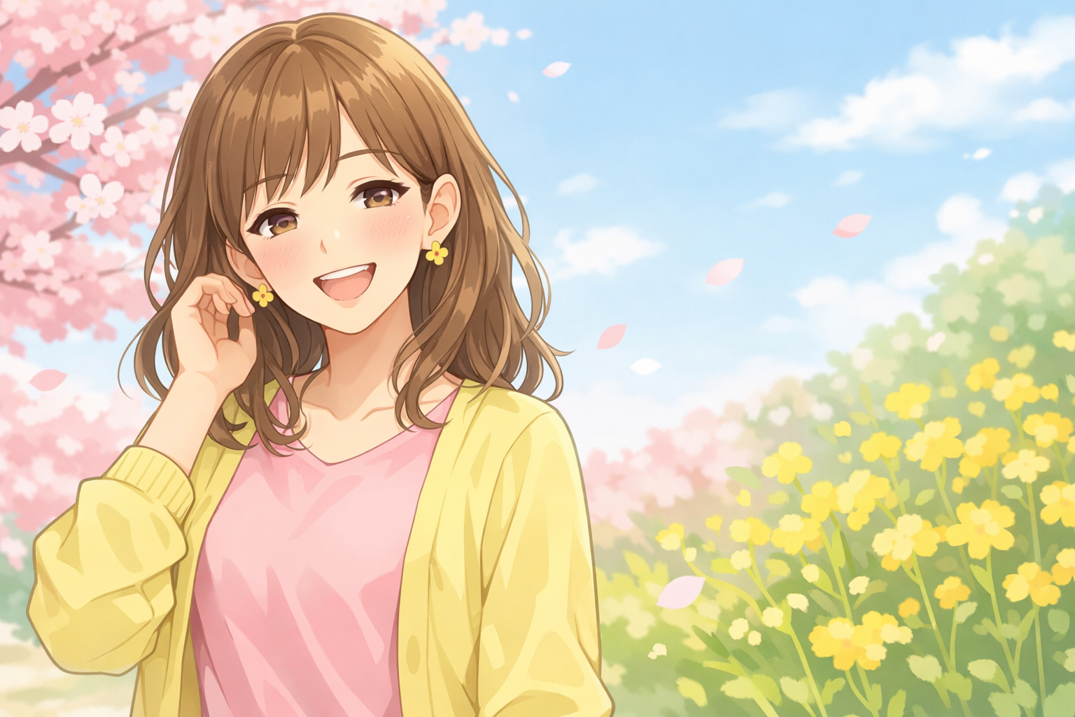 春らしい色彩の服とメイクをまとい、笑顔で過ごす女性のイメージ