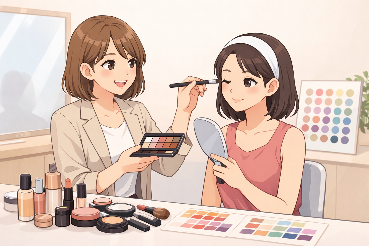 stylelaboでのメイクアップレッスンの風景。実際のコスメを使って指導を行っている