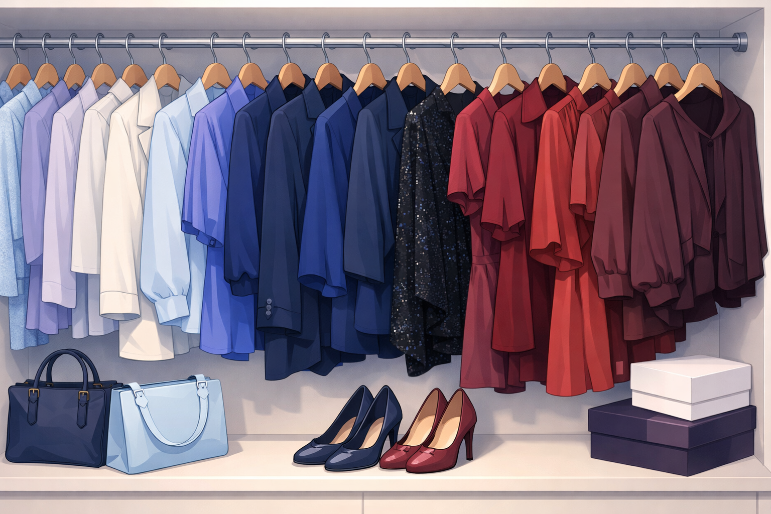 ネイビーやワインレッド、アイシーカラーなど、ブルベ冬が得意なカラーの洋服が並ぶクローゼット