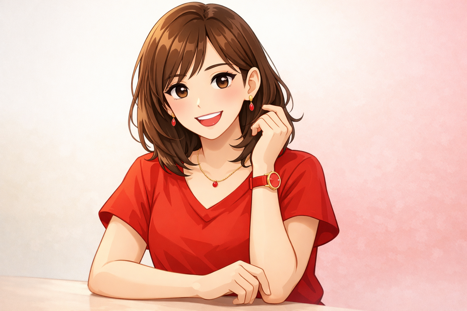赤のアイテムを自信を持って身につけ、笑顔を見せる人物像