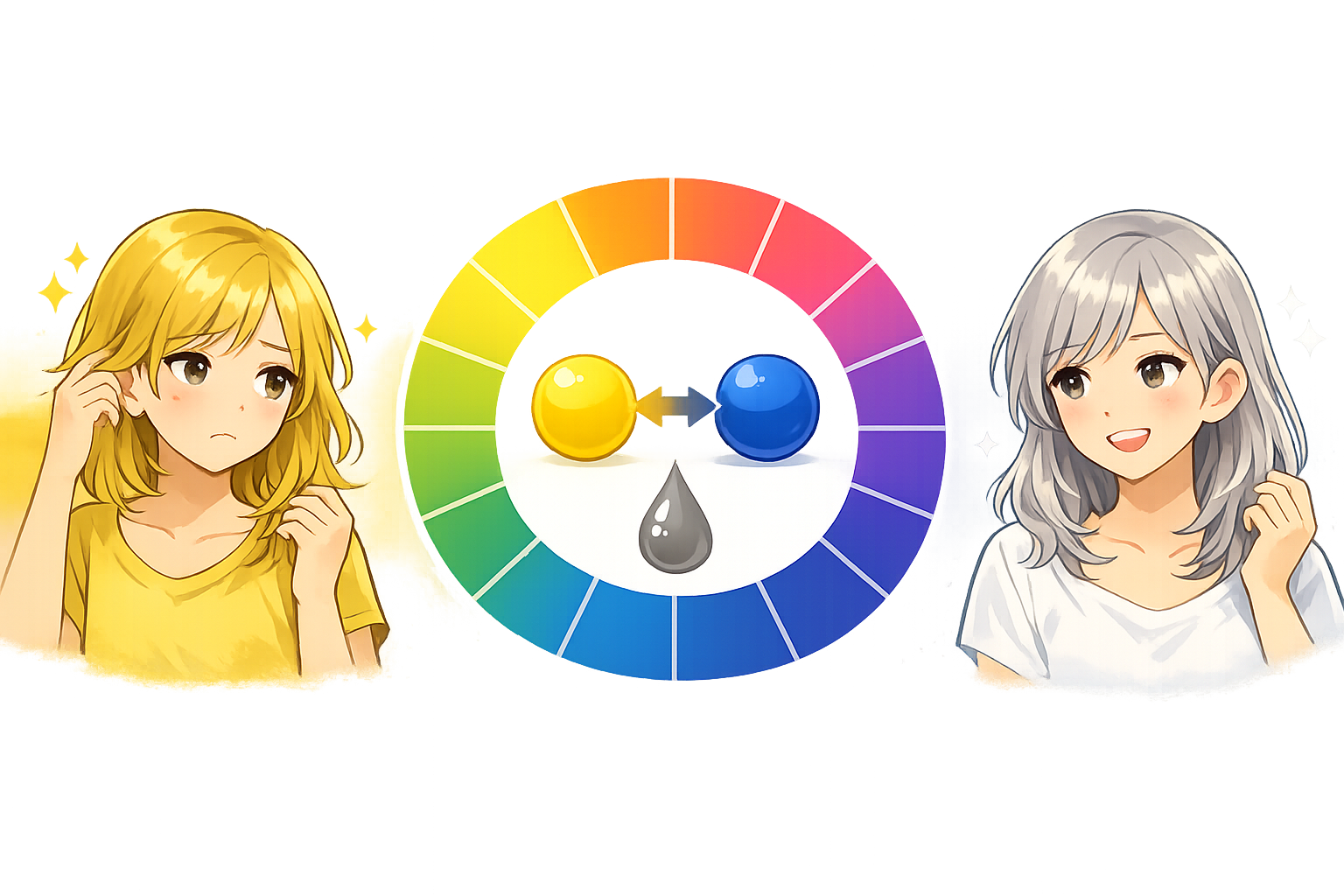 ヘアカラーの黄ばみを抑える仕組みを解説するための色相環の図