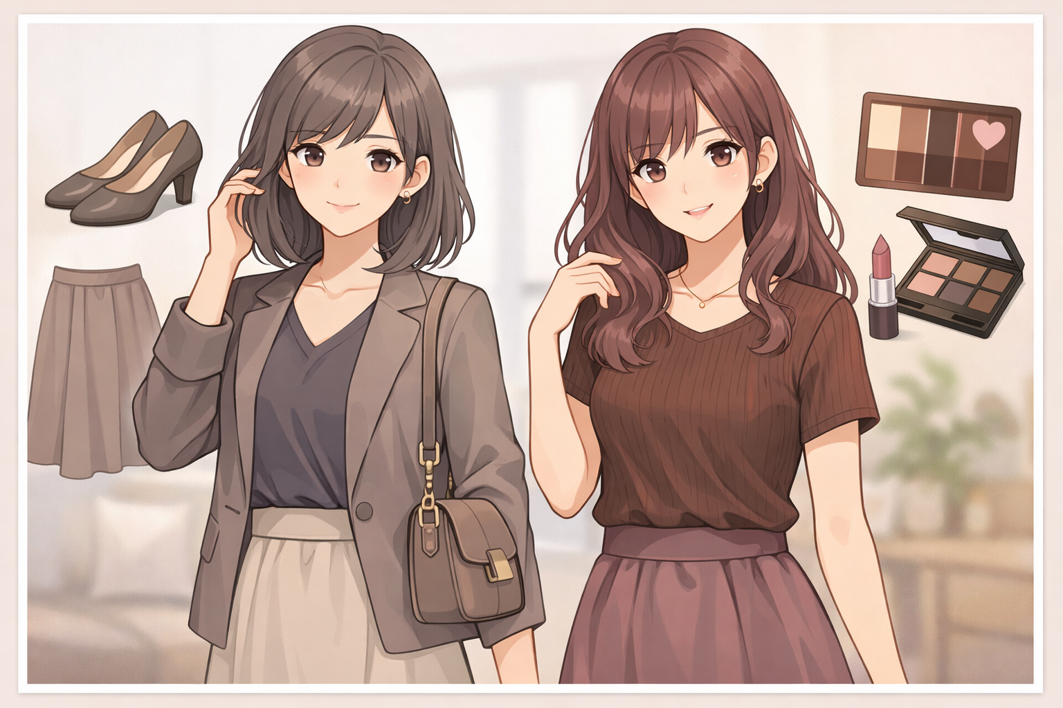 グレーがかったモカブラウンやピンクみのあるココアブラウンを取り入れたファッションコーディネートとヘアスタイルのイメージ