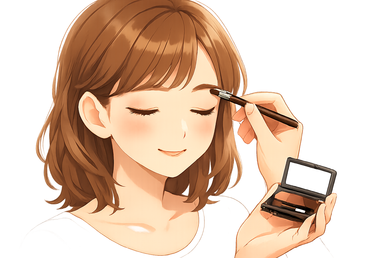 アイブロウパウダーを使用して、ふんわりとしたアーチ型の眉を描いているメイクアップの様子