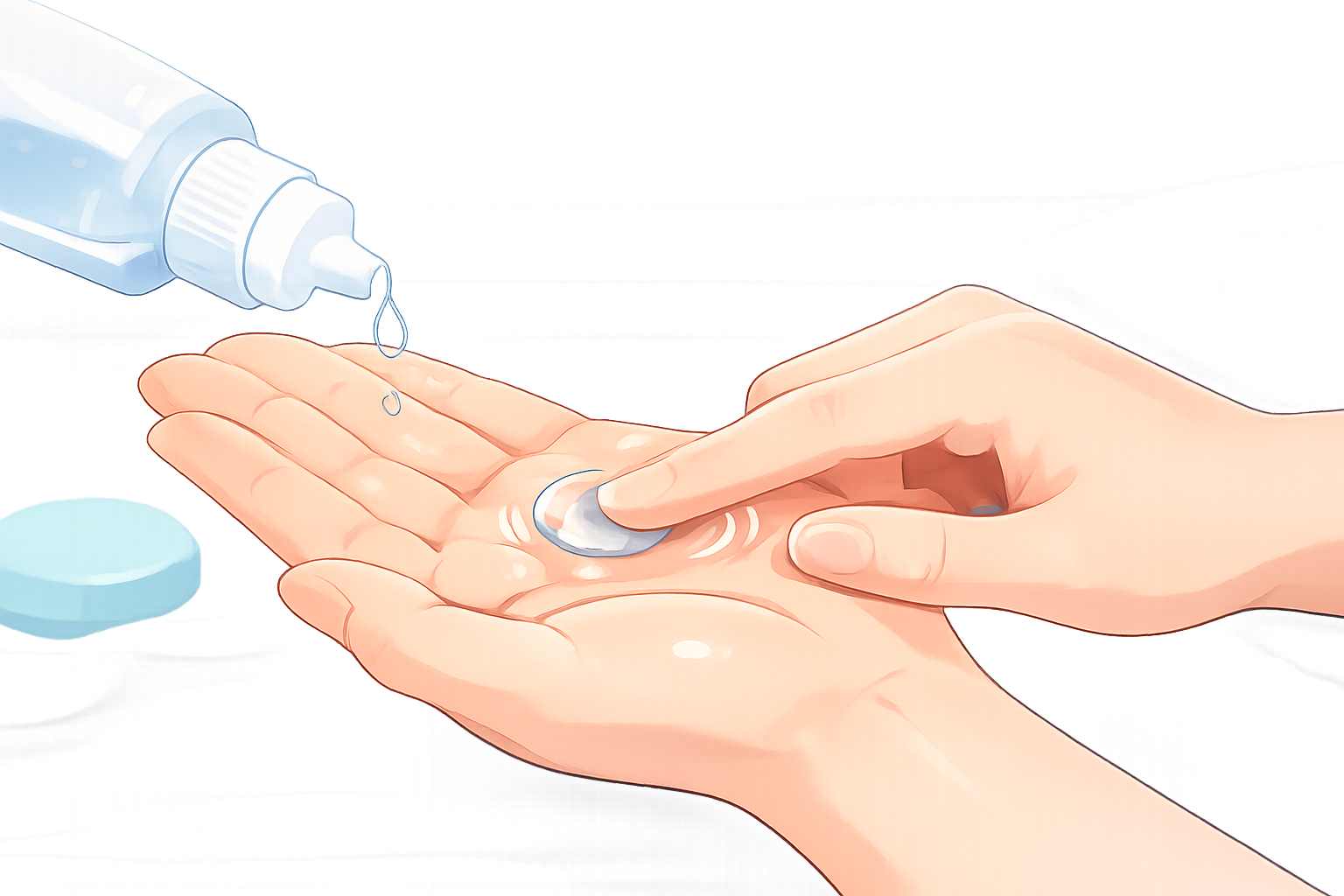清潔な手でコンタクトレンズを手のひらに乗せ、洗浄液でこすり洗いをしているケアの様子