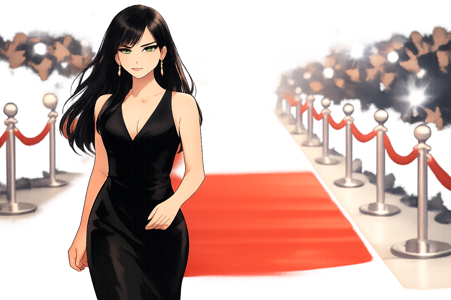 レッドカーペットを歩く、黒のドレスと赤リップが似合うクールな印象の女性モデル