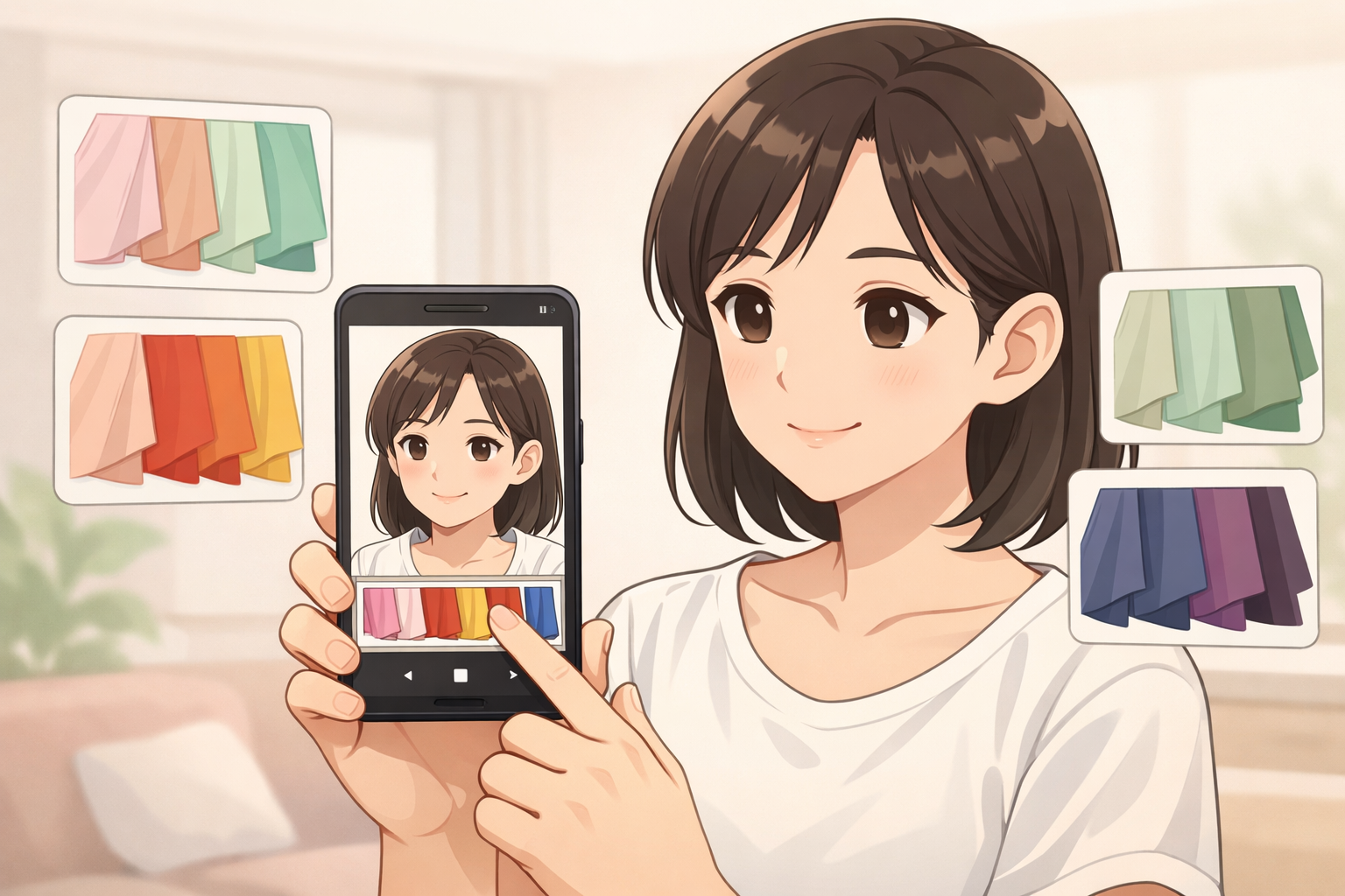 第2H2全体: スマートフォンでノーメイクの顔を撮影し、画面上で複数のカラーパターンを合わせている様子