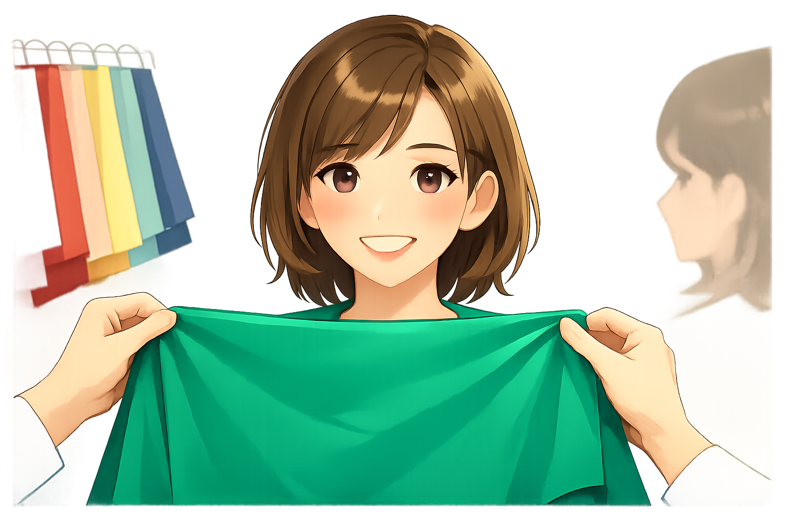 パーソナルカラー診断において、エメラルドグリーンのドレープを当てて肌の透明感が引き立っている様子
