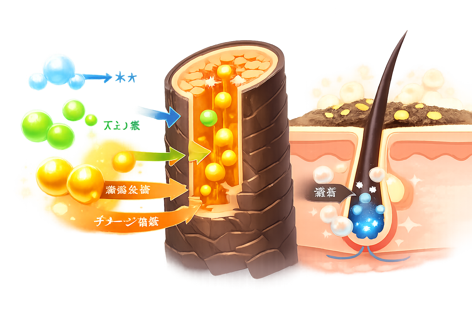 髪の断面図とヘアケア成分が浸透する仕組みの解説図